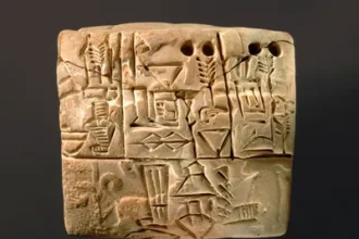 Ancient clay tablet with rows of wedge-shaped cuneiform inscriptions carved on its surface.