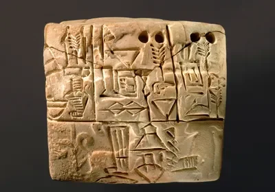 Ancient clay tablet with rows of wedge-shaped cuneiform inscriptions carved on its surface.