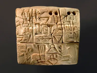 Ancient clay tablet with rows of wedge-shaped cuneiform inscriptions carved on its surface.
