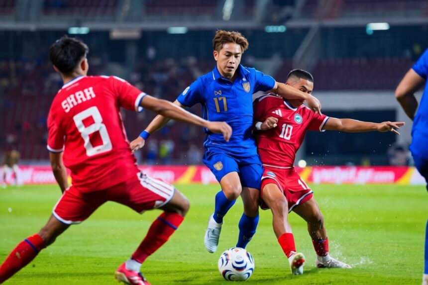 Soccer players in blue and red uniforms contest the ball on a green pitch during a match.