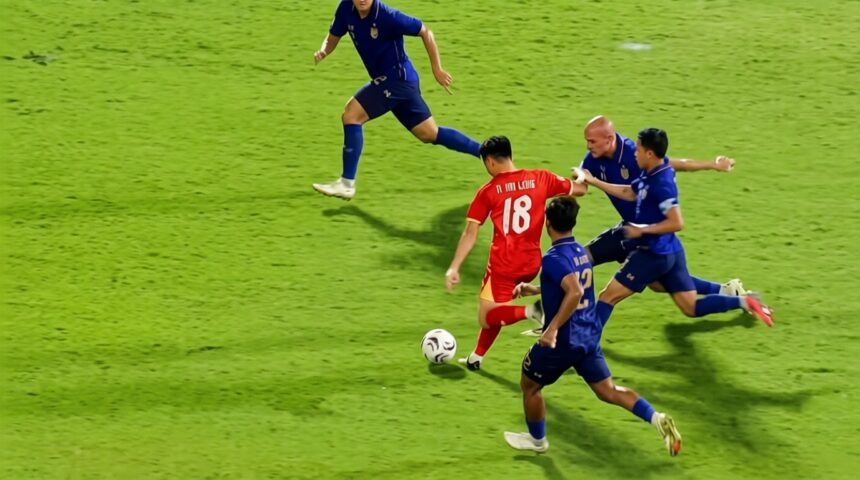 Red team player wearing number 18 dribbles the ball past blue-clad defenders on a bright green pitch.