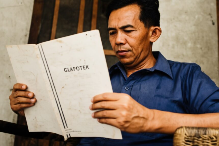 Tan Malaka by Riwajat id FIXX - Mabur.co Man in a blue shirt sits reading a worn, white booklet labeled 'GLAPOTEK' held close for focus.
