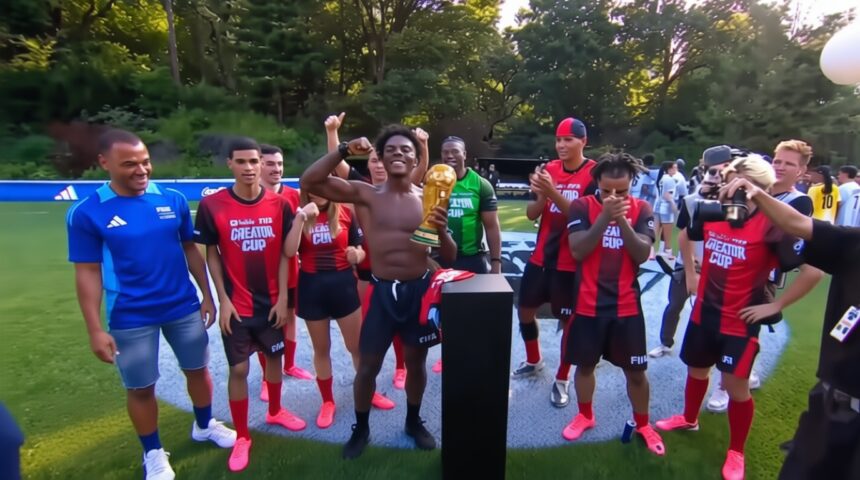 Team Speed champion FIFA Creator Cup 2026 FIXX - Mabur.co Shirtless young man raises a gold trophy while teammates in red-and-black uniforms celebrate on a soccer field.