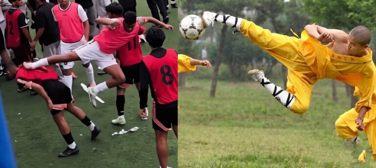 Two-panel collage: left shows youth soccer players in red bibs on a field; right shows a yellow-clad goalkeeper in midair kicking to stop the ball.