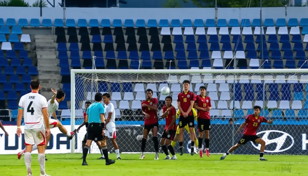 Thom Haye Free Kick vs TLS by Timnas Indonesia OFC FIXX - Mabur.co Soccer match scene: players in red and white uniforms cluster near the goal as the ball flies toward the net on a green field with blue stadium seats in the background.