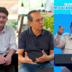 Triptych of three men: left a smiling young man in a light shirt; center an older man in a dark polo speaking; right a government official in beige at a podium.