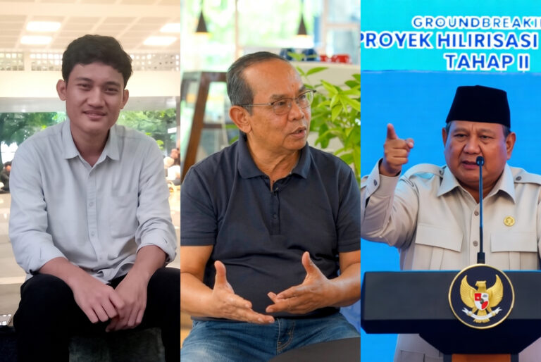 Triptych of three men: left a smiling young man in a light shirt; center an older man in a dark polo speaking; right a government official in beige at a podium.