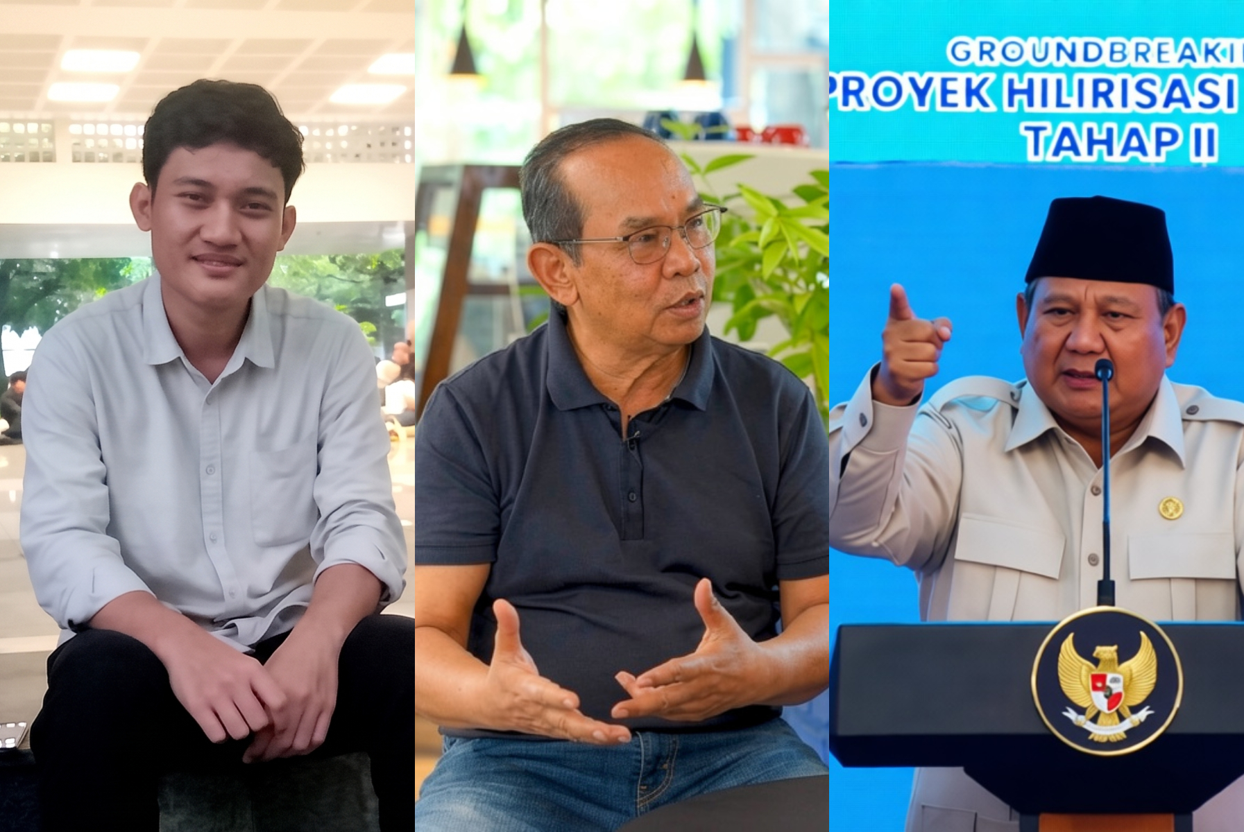 Triptych of three men: left a smiling young man in a light shirt; center an older man in a dark polo speaking; right a government official in beige at a podium.