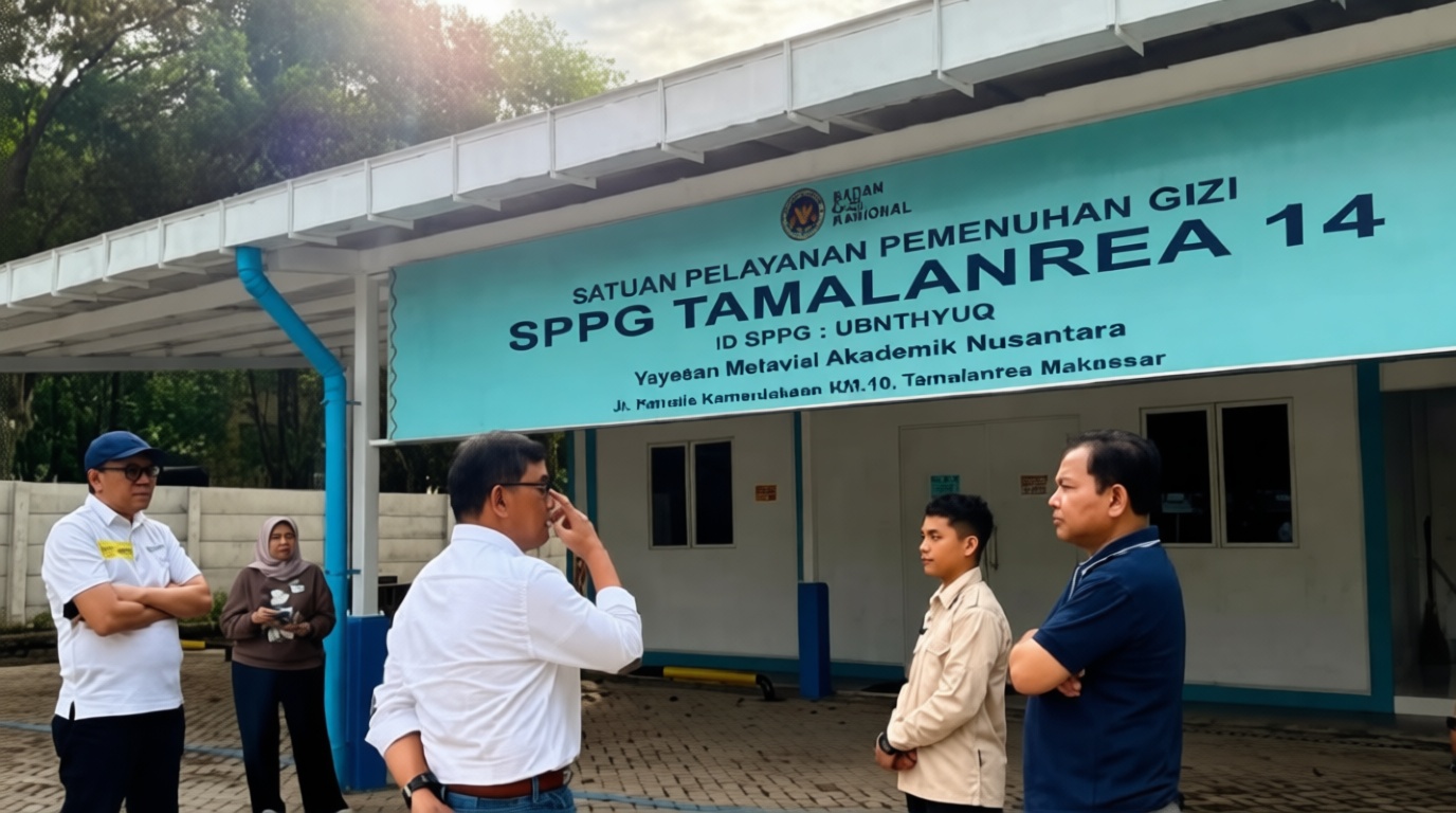 Five people stand outside a teal signboard building that reads SPPG TAMALANRE A 14, a government service center in Indonesia.
