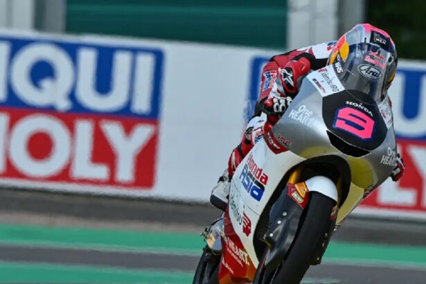 Motorcycle racer leaning into a turn on a race track with Liqui Moly banners in the background.
