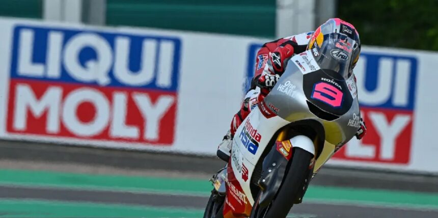 VEP9 Sachsenring - Mabur.co Motorcycle racer leaning into a turn on a race track with Liqui Moly banners in the background.