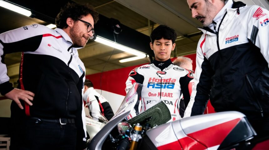 Young rider in a Honda Asia racing suit stands between two team members in a garage, inspecting a red-and-white motorcycle.