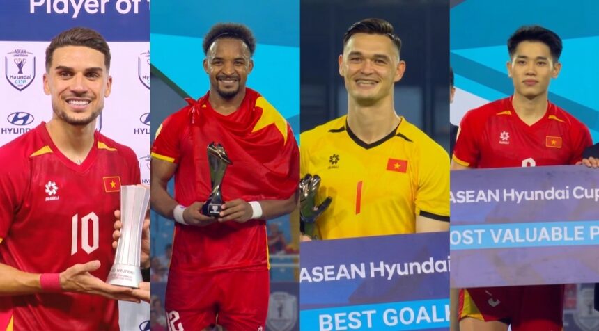 Four male soccer players in red and yellow uniforms pose with trophies on a prize stage against a blue backdrop.