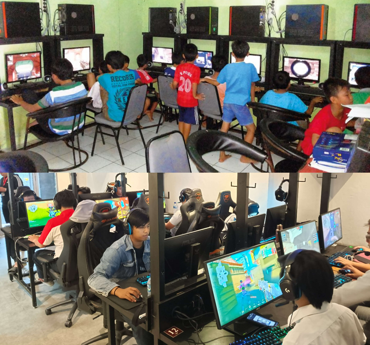 Children sit at computer desks in a bright gaming center, each focused on their monitor while playing games with headphones on.