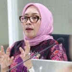 Woman in a pink hijab and glasses speaks at a meeting, gesturing with her hands.