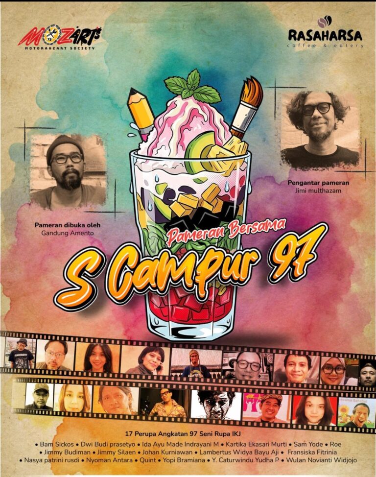 Poster for 'S Campur 97' featuring a colorful cocktail cup with toppings, paint splashes, and film-strip headshots along the bottom; includes event details in Indonesian.