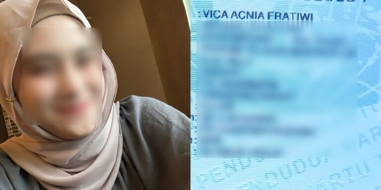 Side-by-side image: a woman wearing a beige hijab with her face blurred on the left, and a blue blurred ID/document on the right.