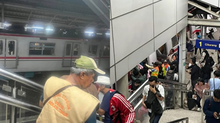 Split image: left side shows a man in a beige jacket and green cap on an escalator beside a stationary subway train; right side shows a crowded metro platform with many people and a blue sign reading '1 Cikarang'.