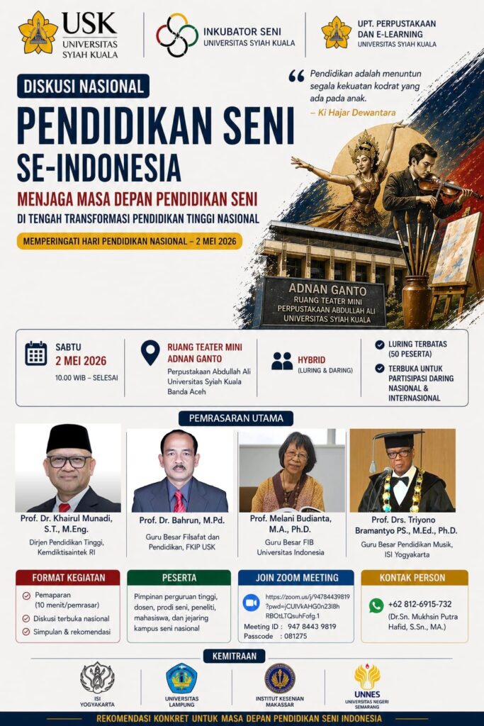 Infographic poster for a national discussion on art education in Indonesia, with performers, venue, date, speakers, and sponsor logos.