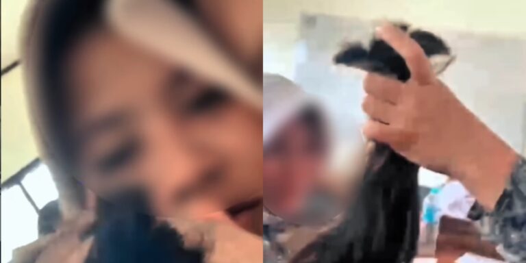 Two-panel image: left shows a blurred close-up of a smiling person, right shows a hand lifting a strand of dark hair in a classroom.