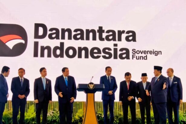 Group of officials in suits on a blue stage with a podium, in front of a Danantara Indonesia Sovereign Fund backdrop logo.
