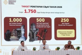 Stage with a large screen showing 'Target Penetapan CbPn Tahun 2026' and a target of 1,750; three red panels with cultural artifacts; three officials sit at a white-clothed table with microphones and small plants.