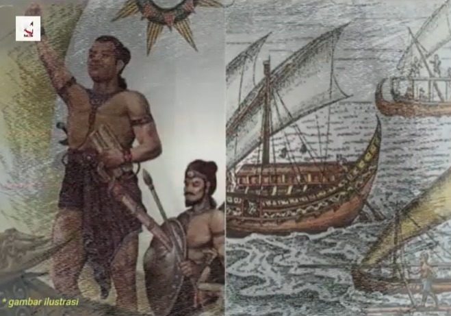 Vintage illustration of two muscular men in armor standing on a shoreline with sailing ships in the background.