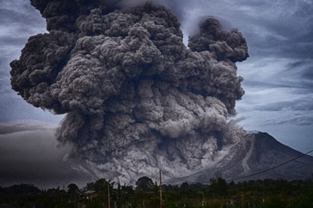 Massive ash plume erupts from a volcano, dark clouds billowing into a gray sky behind a rural landscape.