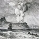 A volcanic eruption sends a tall plume into the sky as a sailing ship battles rough seas nearby.