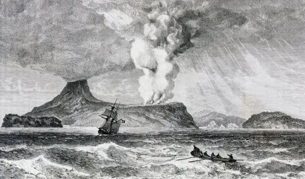 A volcanic eruption sends a tall plume into the sky as a sailing ship battles rough seas nearby.