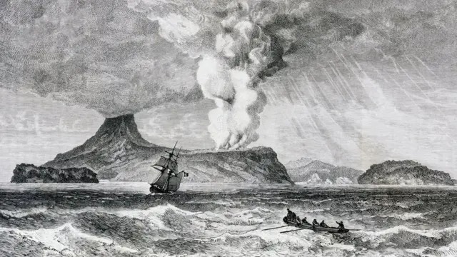 A volcanic eruption sends a tall plume into the sky as a sailing ship battles rough seas nearby.