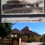 Two photos show the same building over time: an old black-and-white image of a low-roofed structure above, and a modern color view of a yellow-walled pavilion with a red gate below.