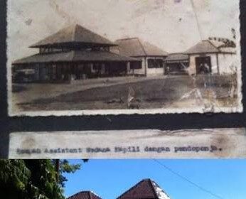 Two photos show the same building over time: an old black-and-white image of a low-roofed structure above, and a modern color view of a yellow-walled pavilion with a red gate below.