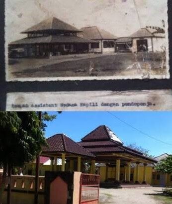 Two photos show the same building over time: an old black-and-white image of a low-roofed structure above, and a modern color view of a yellow-walled pavilion with a red gate below.