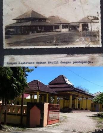 Two photos show the same building over time: an old black-and-white image of a low-roofed structure above, and a modern color view of a yellow-walled pavilion with a red gate below.
