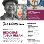 Poster for 'Negosiasi Tubuh Urban: Tradisi, Warisan, dan Gaya Hidup' with a monochrome portrait on the left and colorful art on the right; includes opening date and venue details in Indonesian.