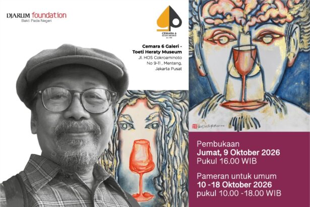 Poster for 'Negosiasi Tubuh Urban: Tradisi, Warisan, dan Gaya Hidup' with a monochrome portrait on the left and colorful art on the right; includes opening date and venue details in Indonesian.