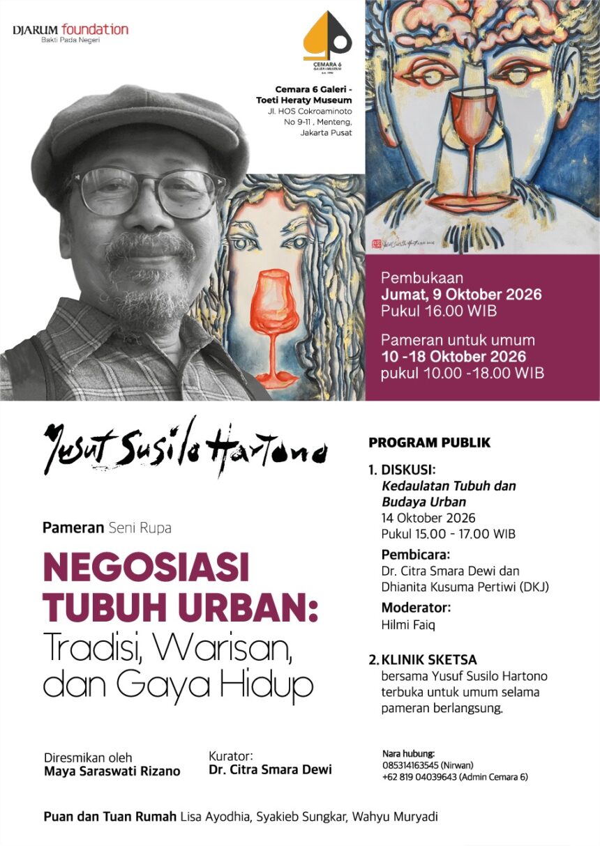 Poster for 'Negosiasi Tubuh Urban: Tradisi, Warisan, dan Gaya Hidup' with a monochrome portrait on the left and colorful art on the right; includes opening date and venue details in Indonesian.