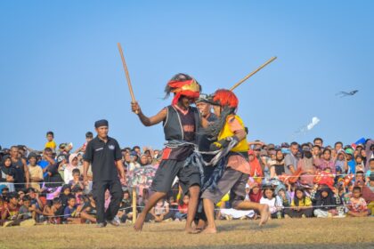 Two dancers with wooden staffs collide in a field while a large crowd watches from behind a rope barrier under a clear blue sky.