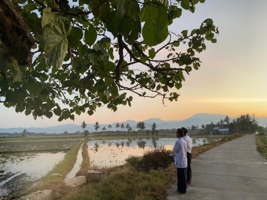 Two men in traditional clothing stand on a rural concrete road beside flooded rice fields at sunset, with palm trees and distant mountains in the background.