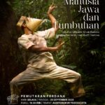 Poster advertising the documentary 'Manusia Jawa dan Tumbuhan' featuring a person in a forest performing a martial arts pose; event details shown at the bottom in Indonesian text.