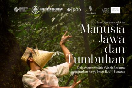 Poster advertising the documentary 'Manusia Jawa dan Tumbuhan' featuring a person in a forest performing a martial arts pose; event details shown at the bottom in Indonesian text.