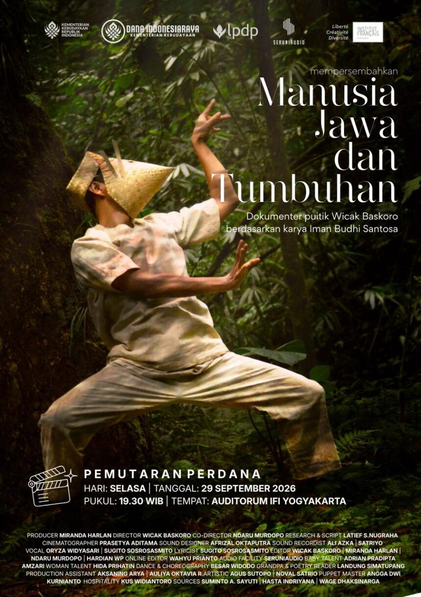 Poster advertising the documentary 'Manusia Jawa dan Tumbuhan' featuring a person in a forest performing a martial arts pose; event details shown at the bottom in Indonesian text.