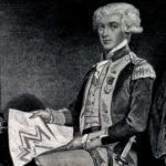 18th‑century military officer in full dress uniform seated at a desk, examining a map with epaulettes and medals visible