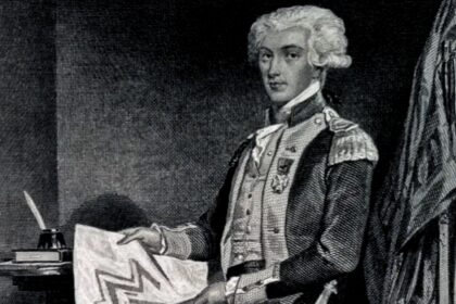 18th‑century military officer in full dress uniform seated at a desk, examining a map with epaulettes and medals visible