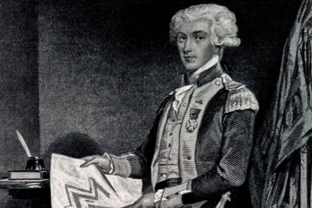 18th‑century military officer in full dress uniform seated at a desk, examining a map with epaulettes and medals visible