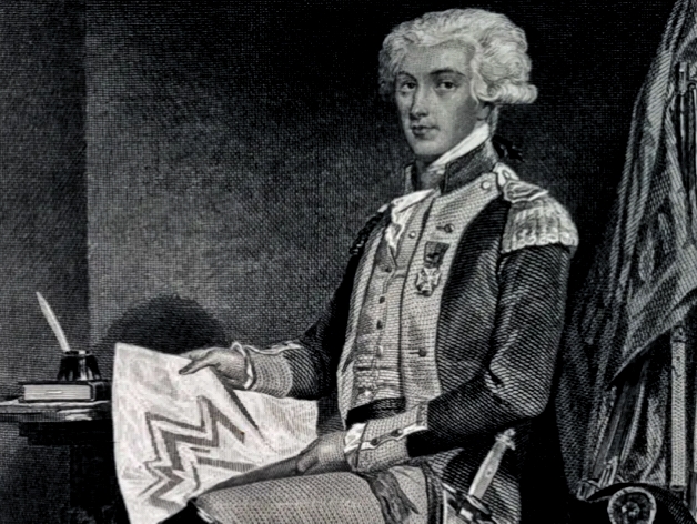 18th‑century military officer in full dress uniform seated at a desk, examining a map with epaulettes and medals visible