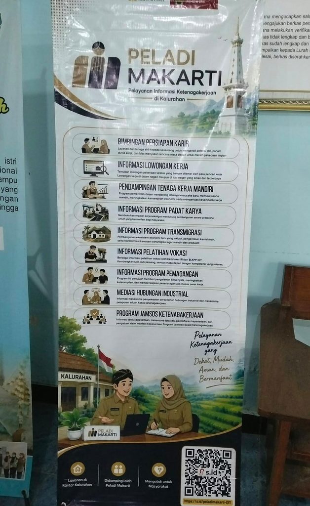 WhatsApp Image 2026-10-07 at 105901 - Mabur.co Informational poster for Peladi Makarti career services, with illustrated officials at a desk, list of programs, and a QR code