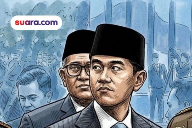 Illustrated news thumbnail with a man in a suit, officials in background, and Suara.com logo; headline about Gibran possibly resigning after Friday prayers.