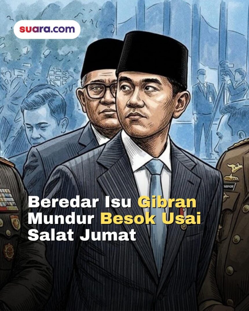 Illustrated news thumbnail with a man in a suit, officials in background, and Suara.com logo; headline about Gibran possibly resigning after Friday prayers.